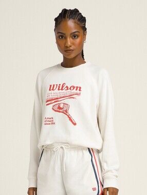 Wilson Sandrift Cream Classic Crew Sweatshirt with Red Tennis Graphic XS Sporty
